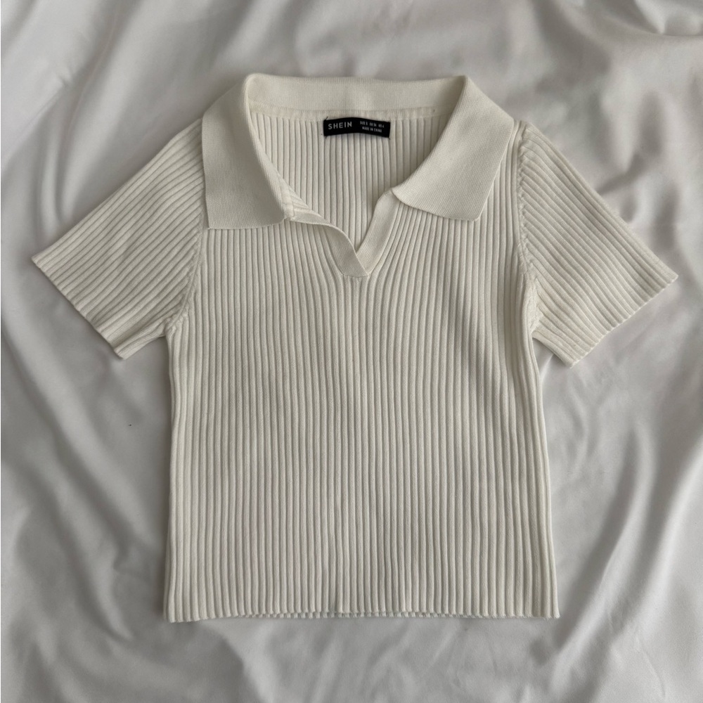 SHEIN Cream Ribbed Short Sleeve Polo